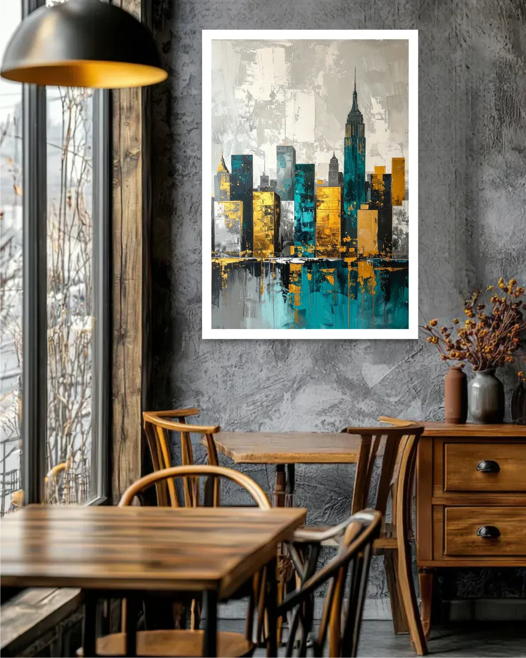 Framed abstract cityscape art on a gray wall above a wooden table and chairs.