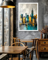 Framed abstract cityscape art on a gray wall above a wooden table and chairs.