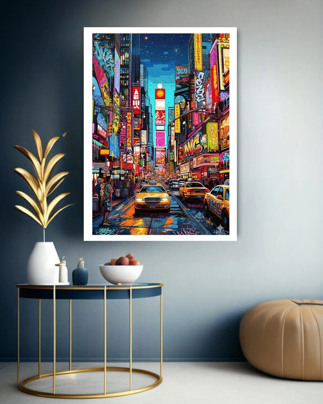 Framed artwork of a vibrant city street scene with neon lights on a wall above a table.