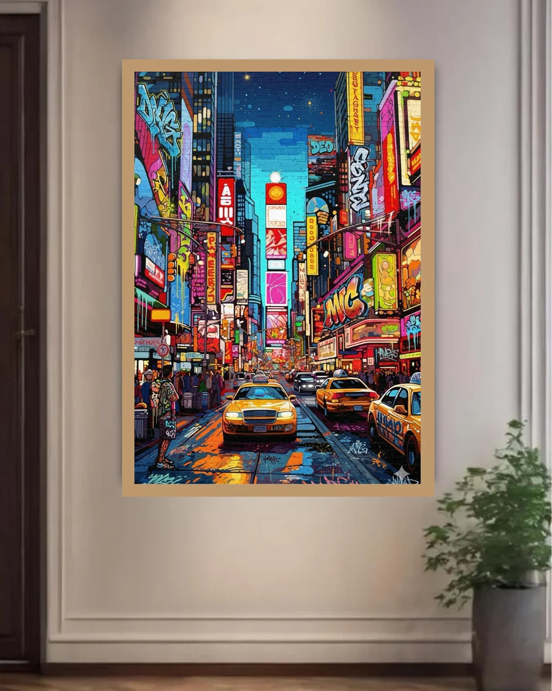 Framed artwork of a vibrant city street scene with neon lights and taxis, on a white wall.