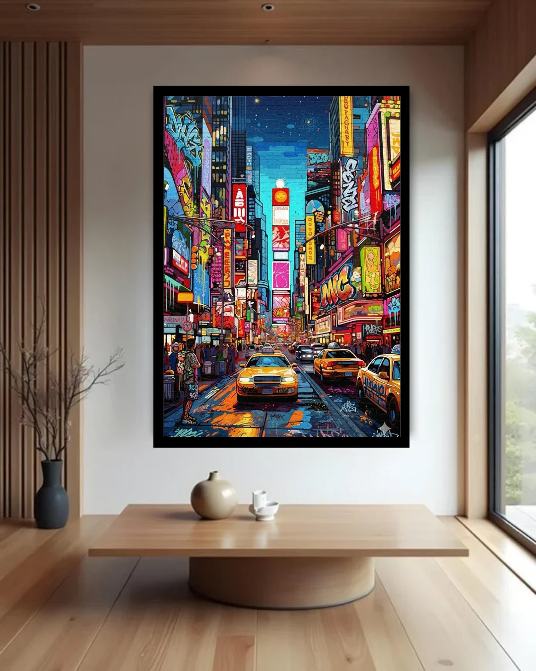 Framed artwork of a vibrant city street scene with taxis on a wall in a modern room.