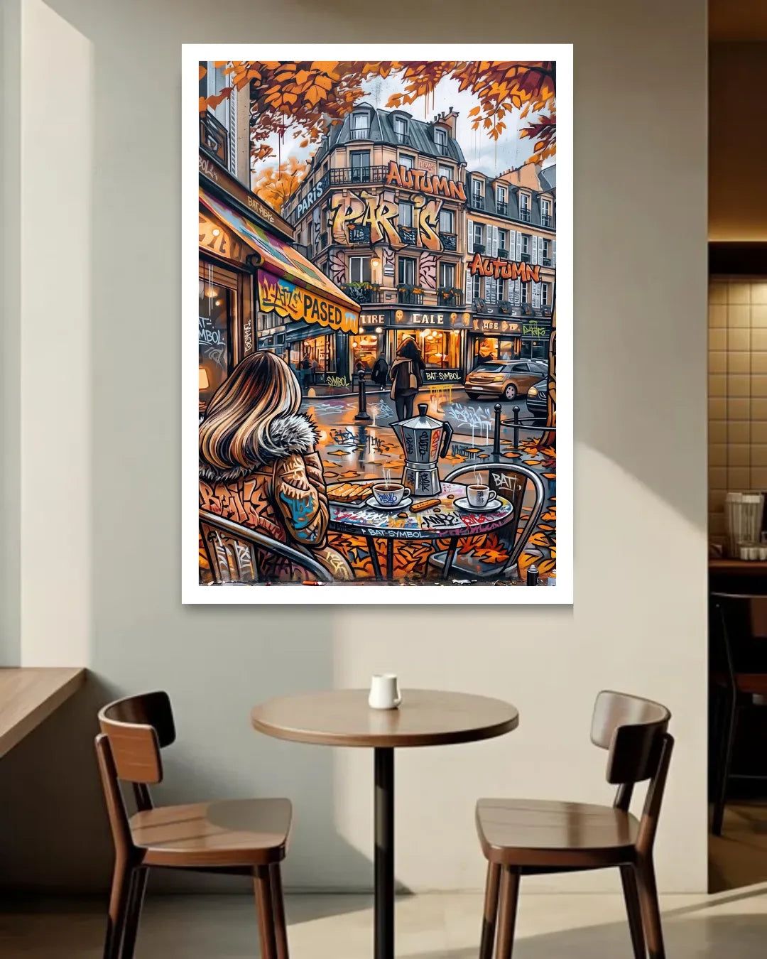Framed artwork of a city street scene with people sitting at a table, displayed in a cafe.