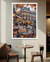 Framed artwork of a city street scene with people sitting at a table, displayed in a cafe.