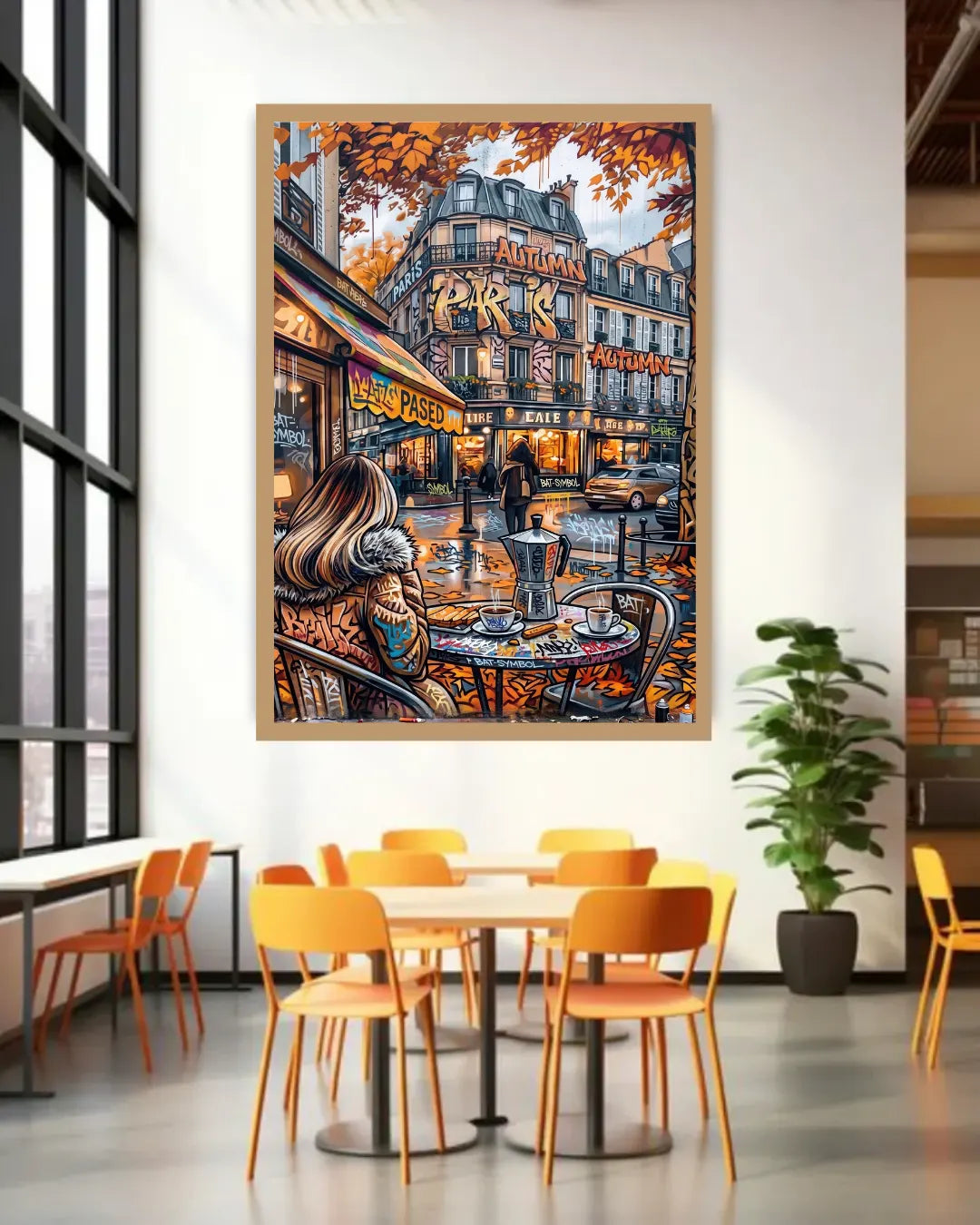 Framed artwork of a city street scene with people at a cafe table, displayed in a modern interior setting.