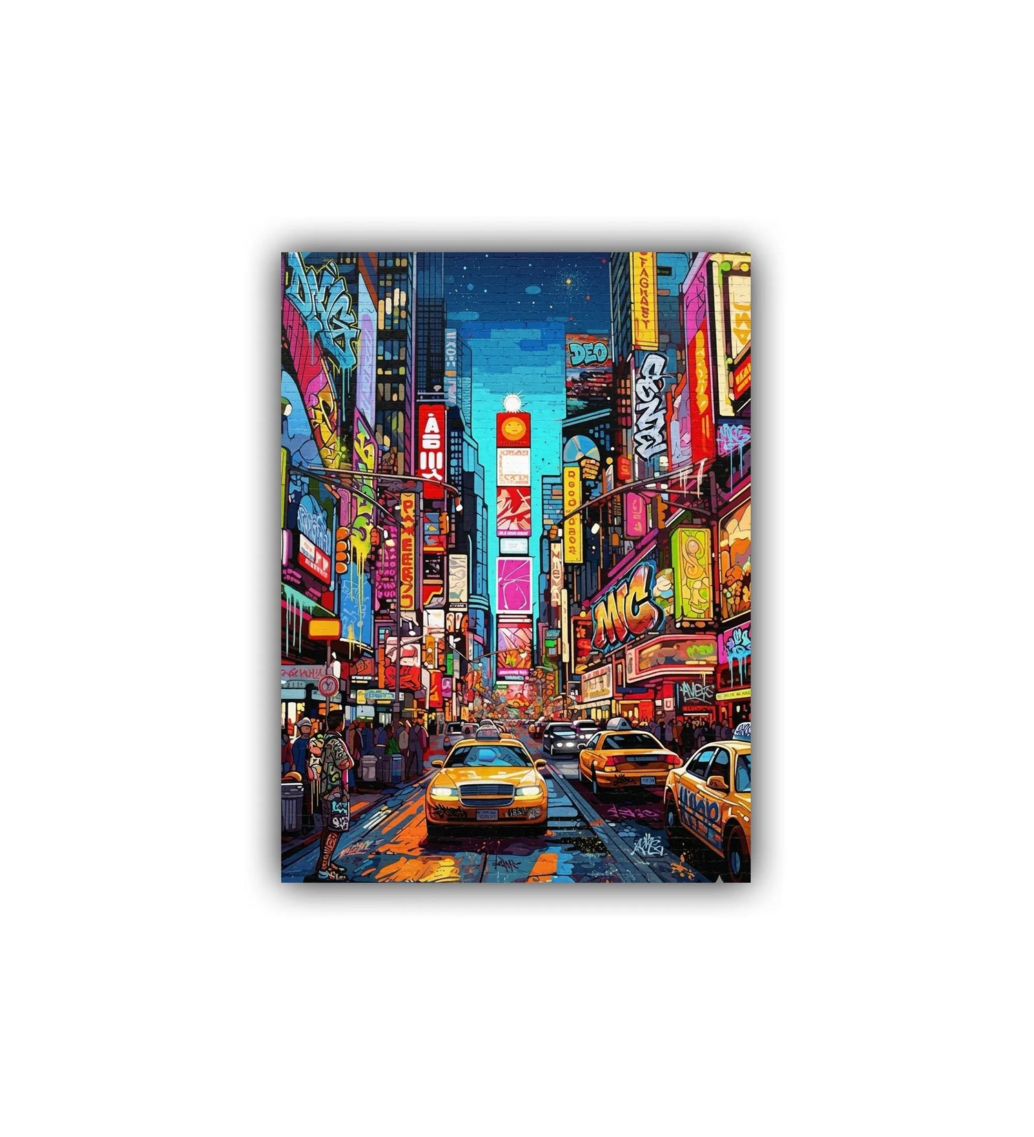 Colorful city street scene with taxis and bright signs on a white background