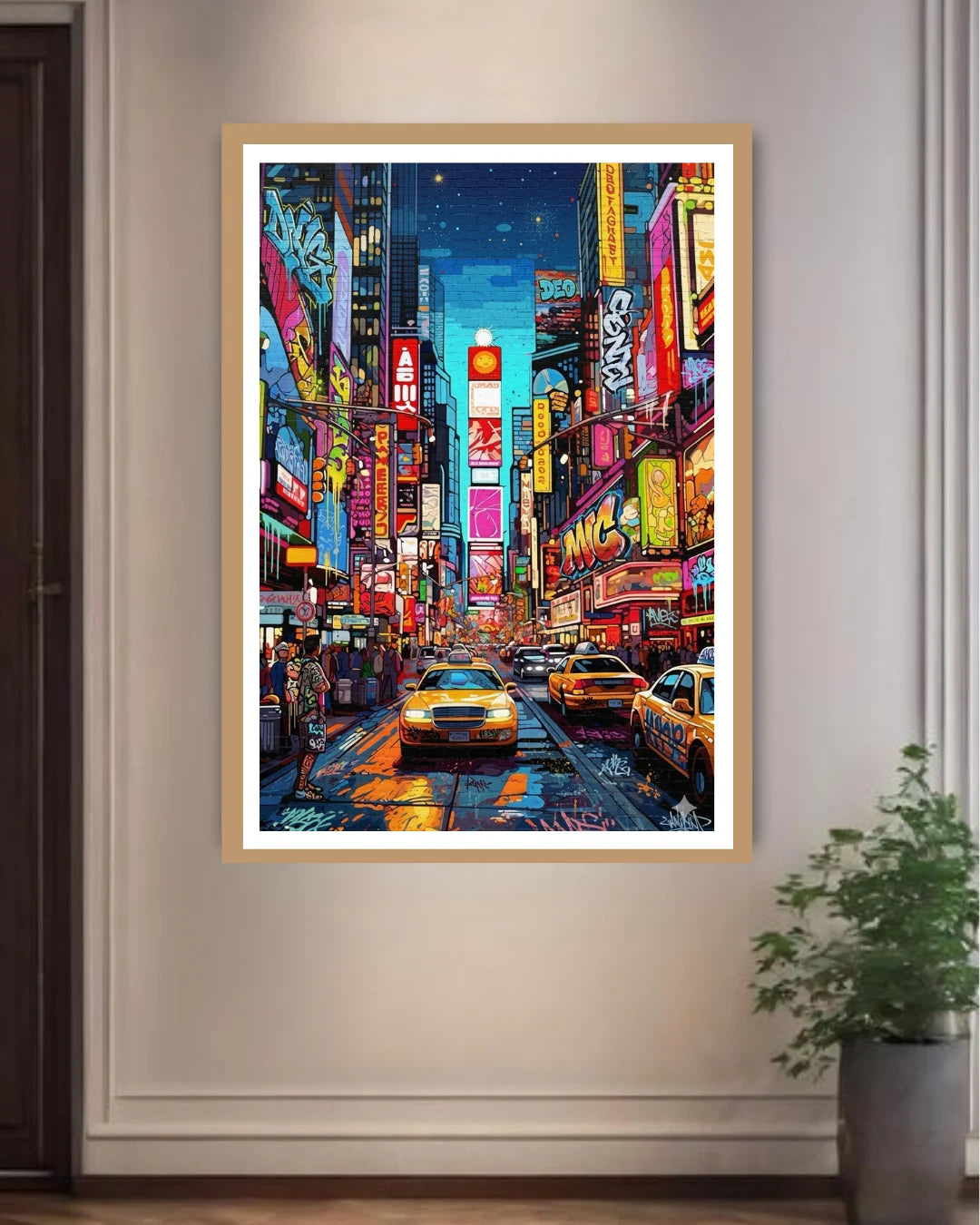 Framed artwork of a vibrant city street scene with neon lights and taxis, on a wall.