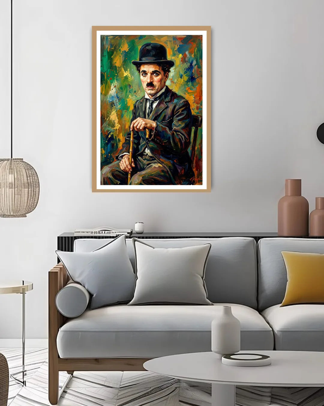 classic gentleman portrait painting displayed in stylish home interior