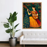 Beautiful Indian classical musician canvas wall art displayed above a bed in a stylish bedroom.