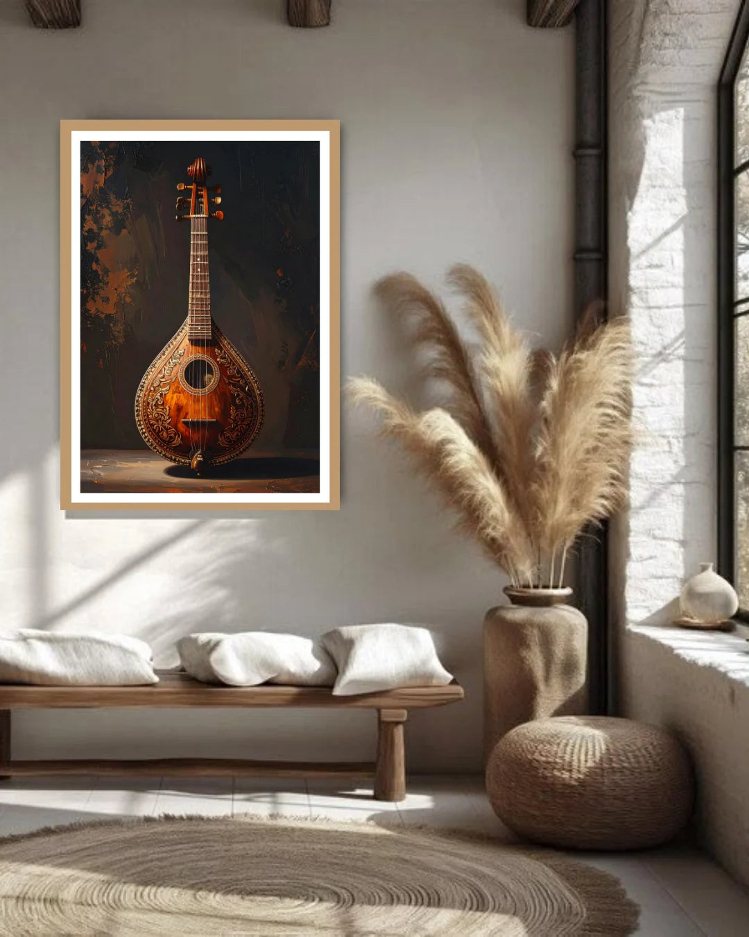 classical instrument wall art canvas displayed in modern living room setup