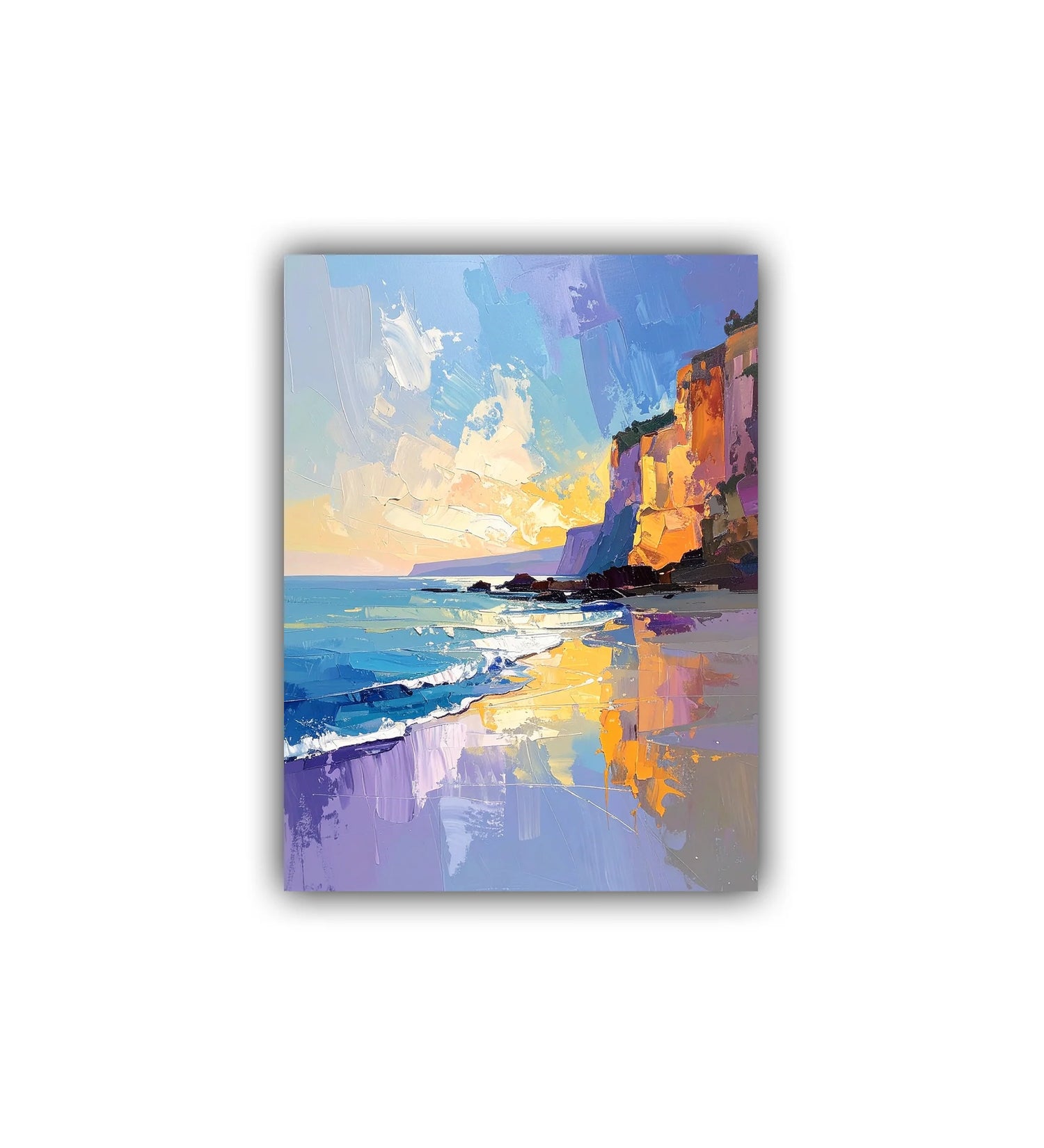 close-up of coastal sunset wall art canvas with ocean and cliffs