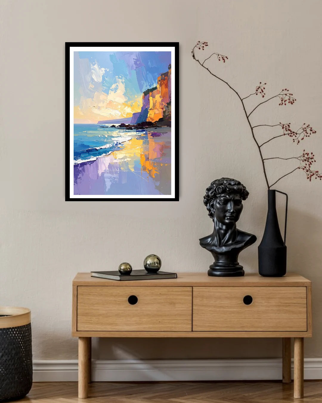 coastal sunset wall art canvas displayed in modern living room interior