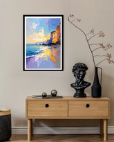 coastal sunset wall art canvas displayed in modern living room interior