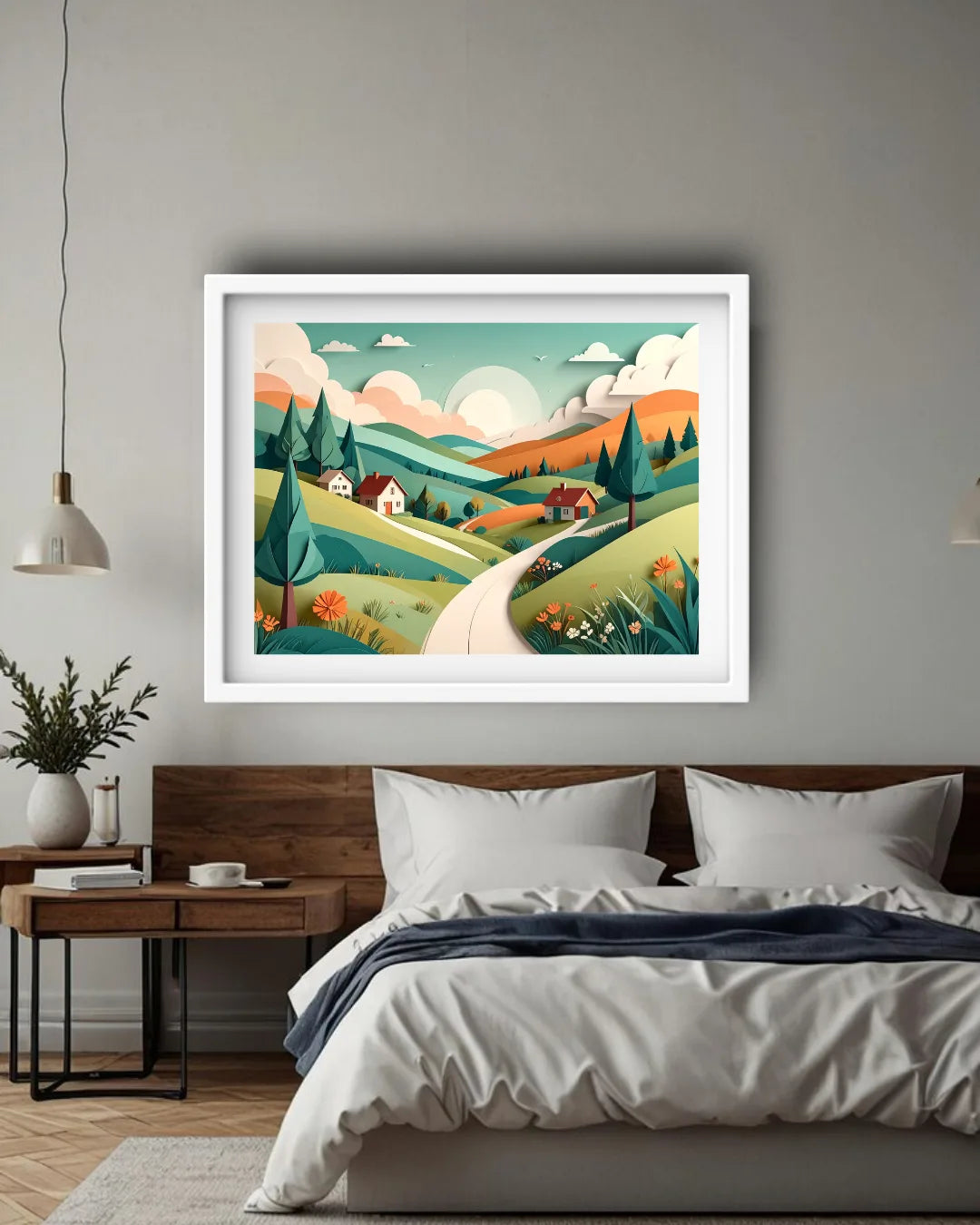 Abstract coastal landscape canvas wall art in bedroom interior