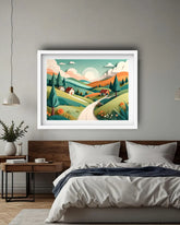 Abstract coastal landscape canvas wall art in bedroom interior
