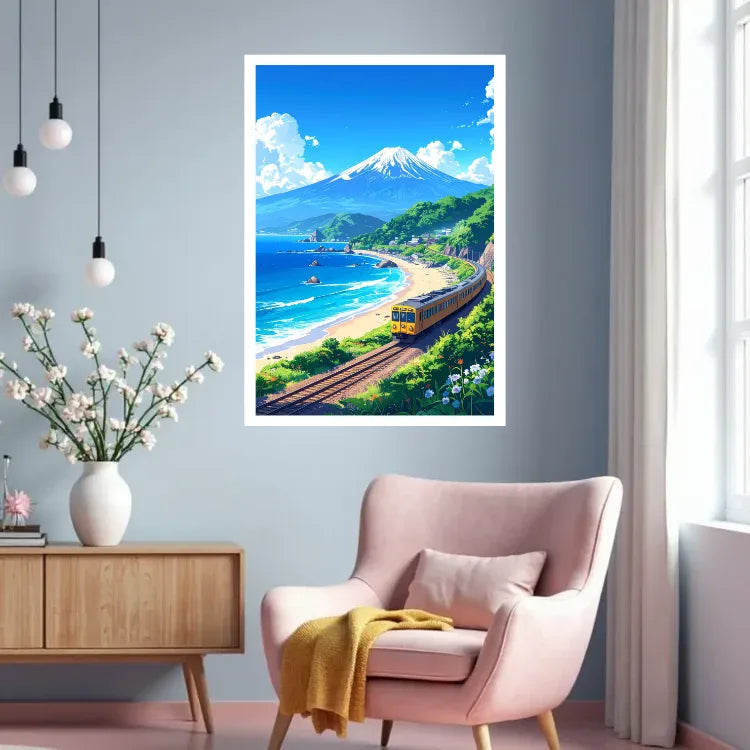 A framed vertical art print depicting a scenic coastal landscape with a train, beach, ocean, and a snow-capped mountain, displayed on a light blue-gray wall in a modern living room setting with a pink armchair and wooden sideboard.