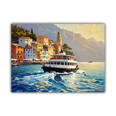 A colorful painting of a coastal town with a ferry on the blue water, set against mountains under a warm sky, shown as a rectangular art print on a white background.
