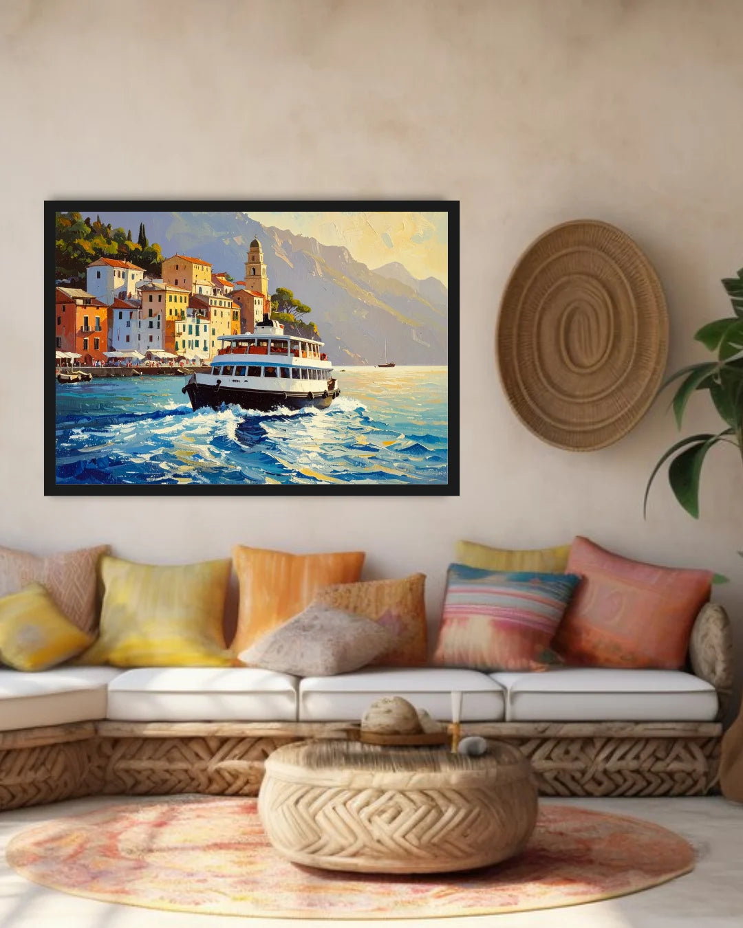 A framed colorful painting of a coastal town with a boat on the water, displayed on a beige wall above a white sofa with pastel pillows in a styled living room.