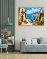 coastal village wall art canvas in modern living room decor