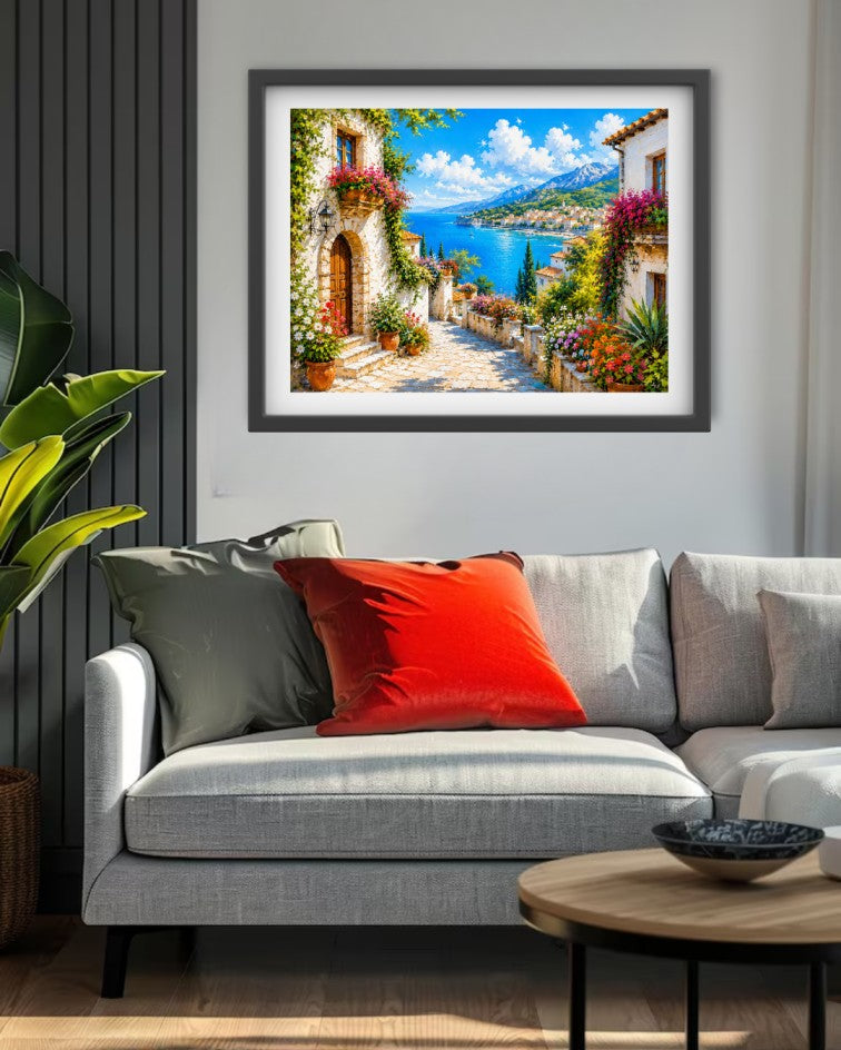 A framed art print depicting a vibrant Mediterranean coastal village scene with a stone pathway, blue sea, mountains, and bright flowers, displayed on a wall above a modern gray sofa with red and green pillows.