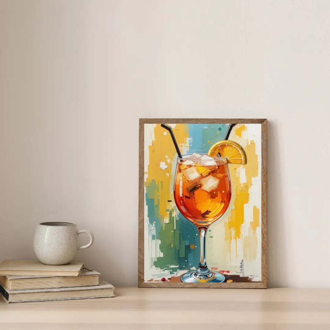 Framed artwork of a cocktail with ice and a slice of lemon on a wall above books and a mug.