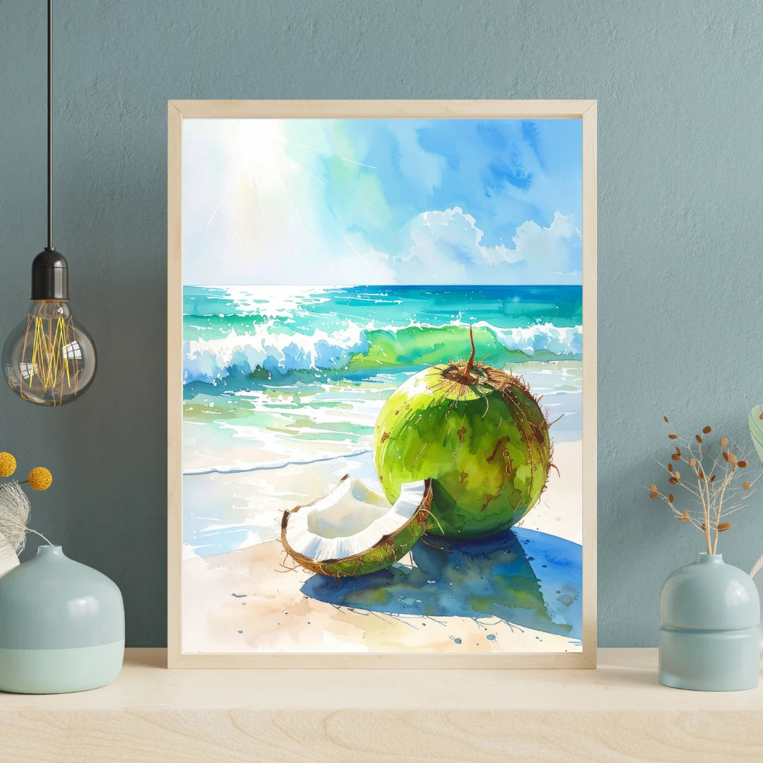 Coconut beach wall art canvas painting with tropical fruit scenery