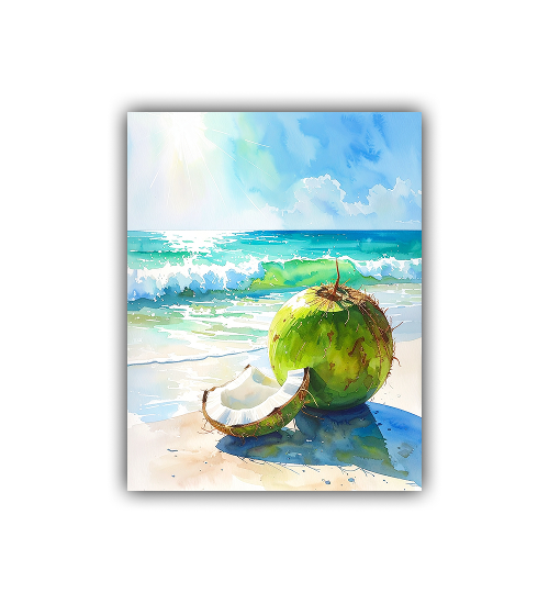 Coconut fruit canvas wall art with calm seaside background