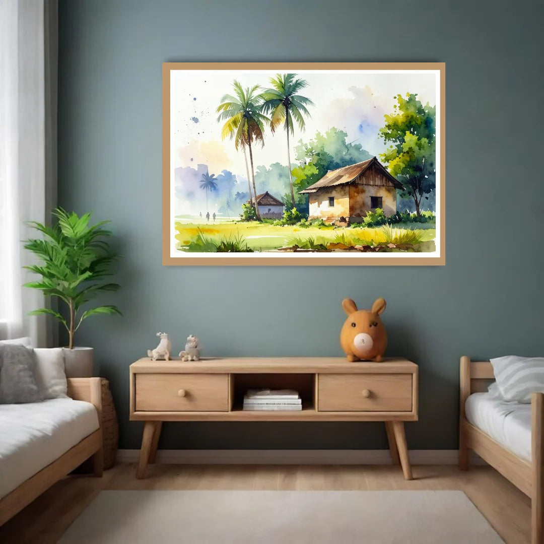 Living room with a painting of a tropical landscape on the wall, wooden furniture, and decorative items.