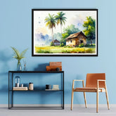 Framed landscape painting on a blue wall above a black console table and brown chair.