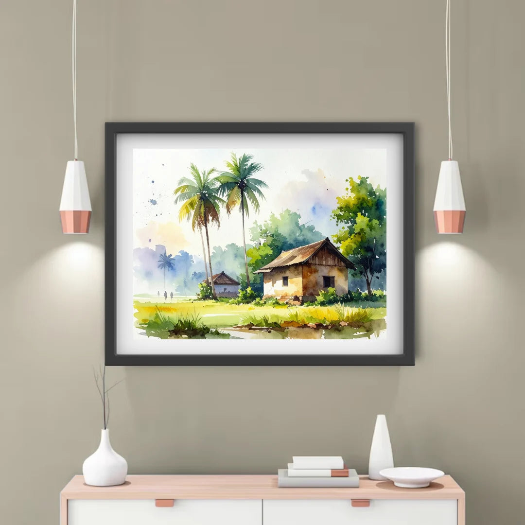 Framed landscape painting of a hut and palm trees on a wall above a console table.