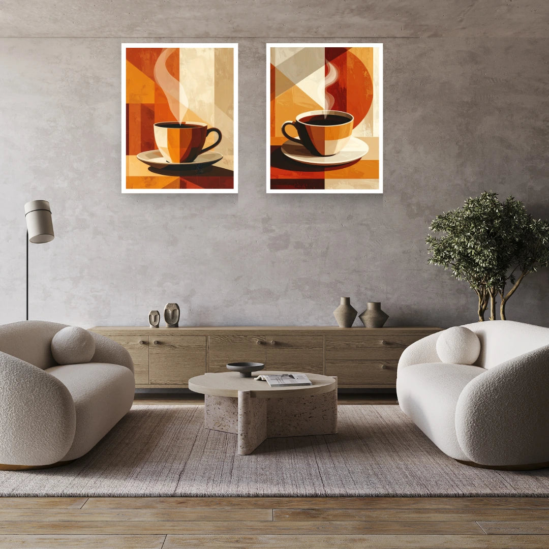 Coffee cup wall art canvas set of two for cafe and modern living space