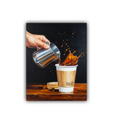 Coffee pour canvas wall art with warm tones and splash effect