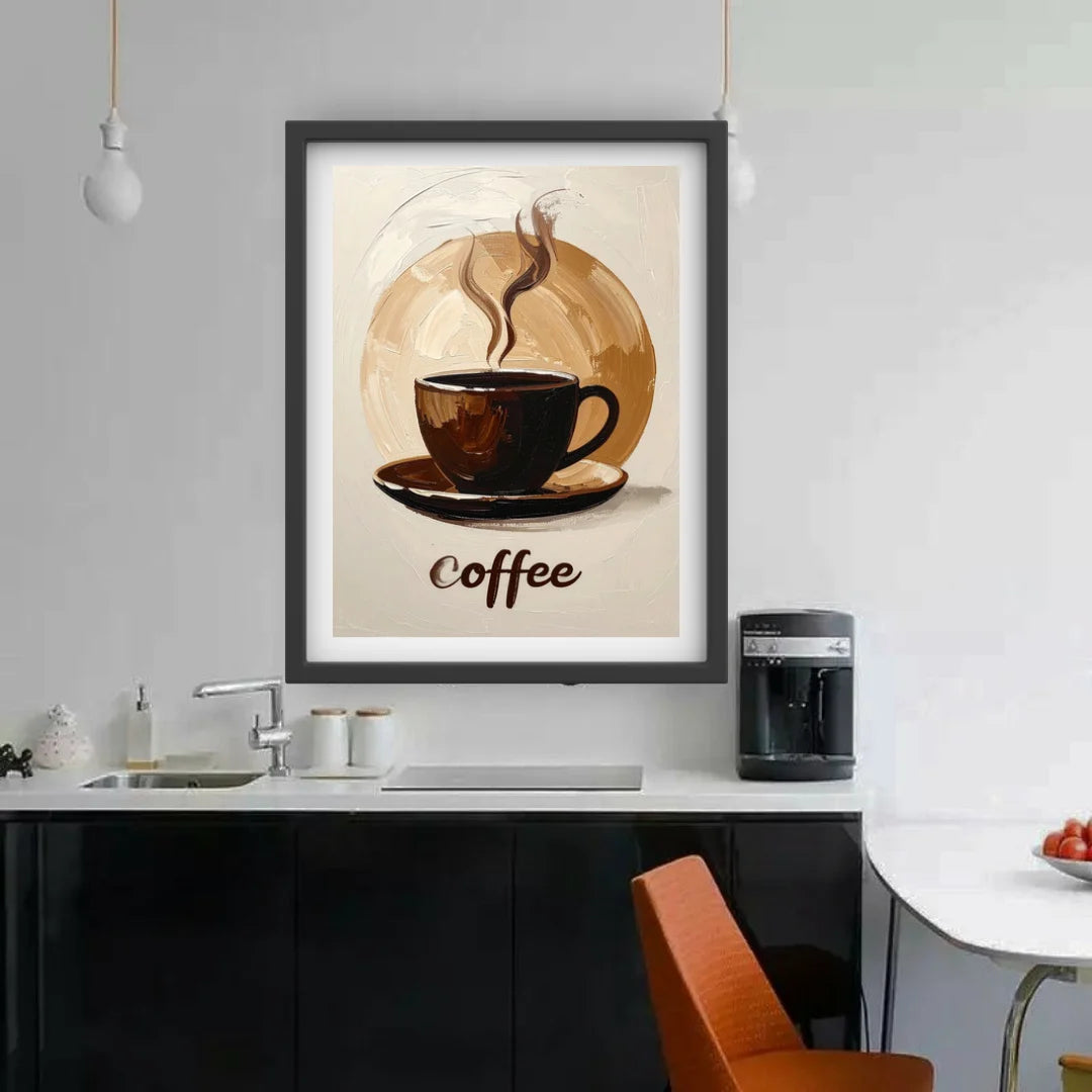 Framed coffee-themed wall art in a kitchen setting.