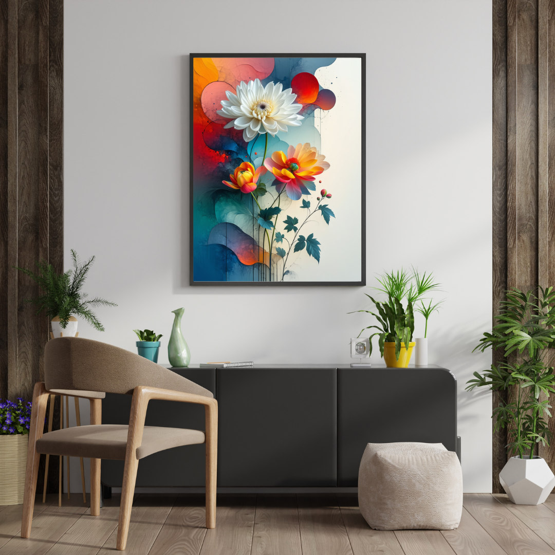 Colorful abstract floral canvas wall art displayed in living room

