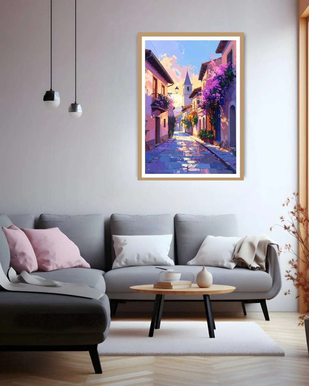 neon city wall art canvas in modern interior with vibrant colors