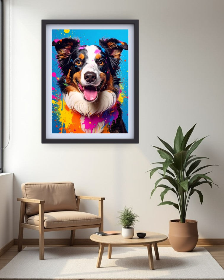 Vibrant dog portrait canvas wall art displayed above a wooden console table in a contemporary home