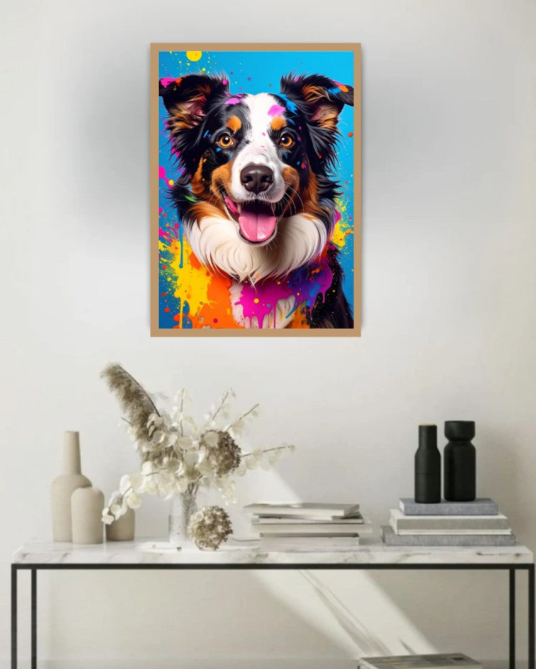 Colorful dog canvas wall art displayed in a modern living room with minimalist contemporary décor