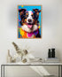 Colorful dog canvas wall art displayed in a modern living room with minimalist contemporary décor