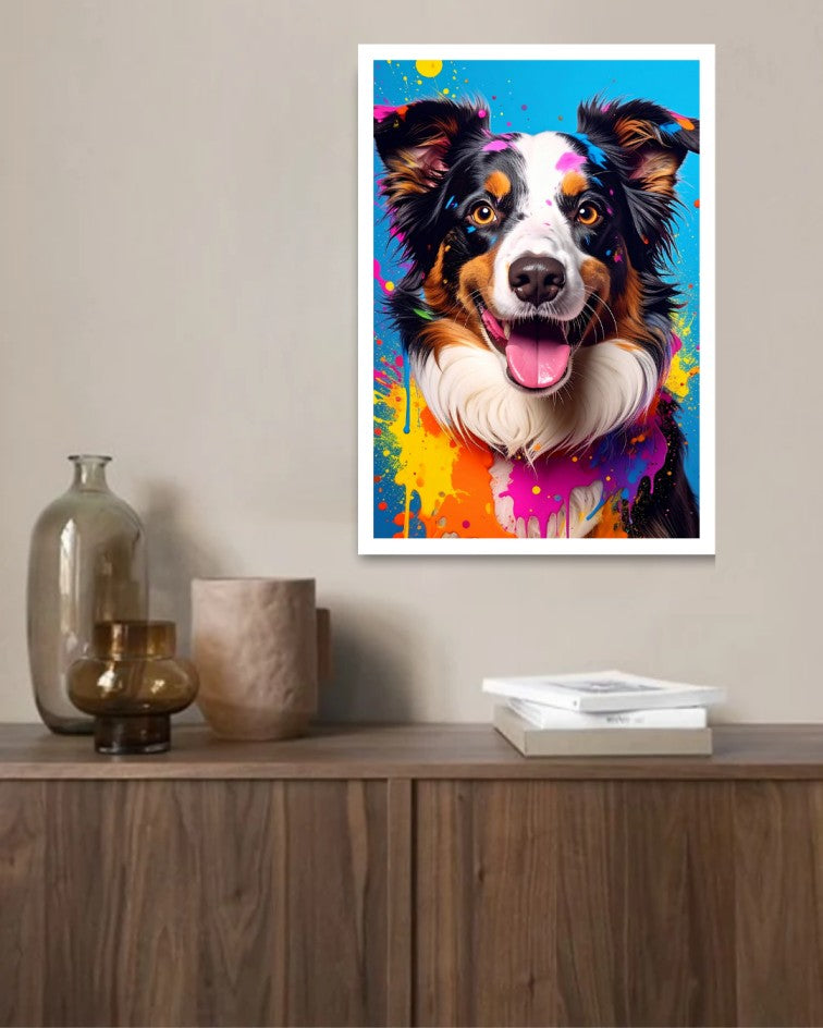 Framed colorful dog canvas painting showcased above a sofa in a stylish modern living room.