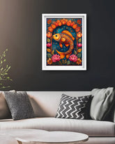 abstract fish canvas painting on dark wall in minimal living space