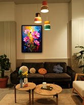 Colorful floral wall art canvas hanging in a cozy cafe style interior
