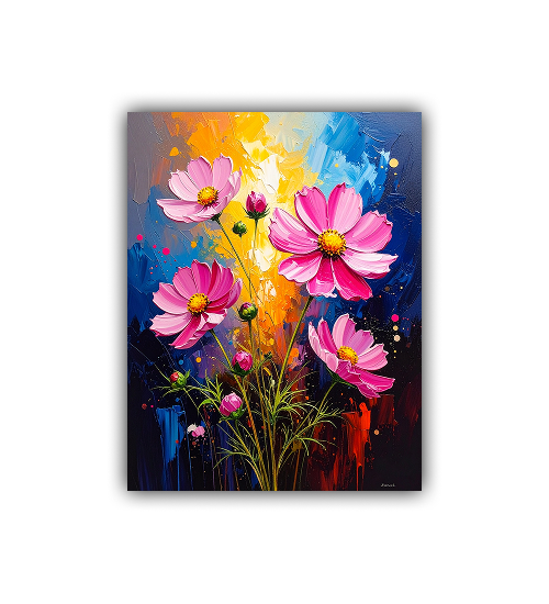 Close-up view of colorful floral wall art canvas painting
