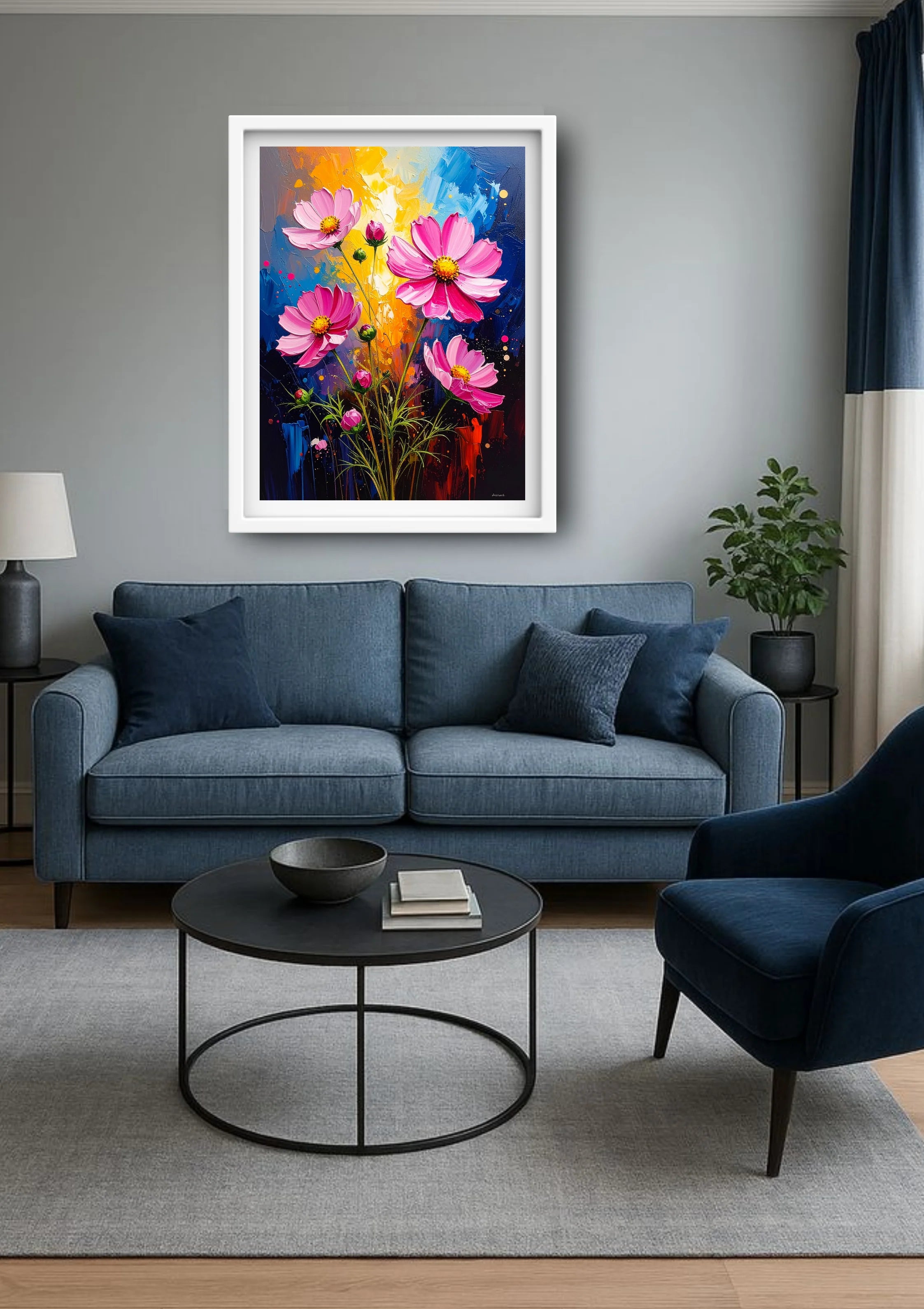 Modern living room decorated with colorful floral wall art canvas above sofa
