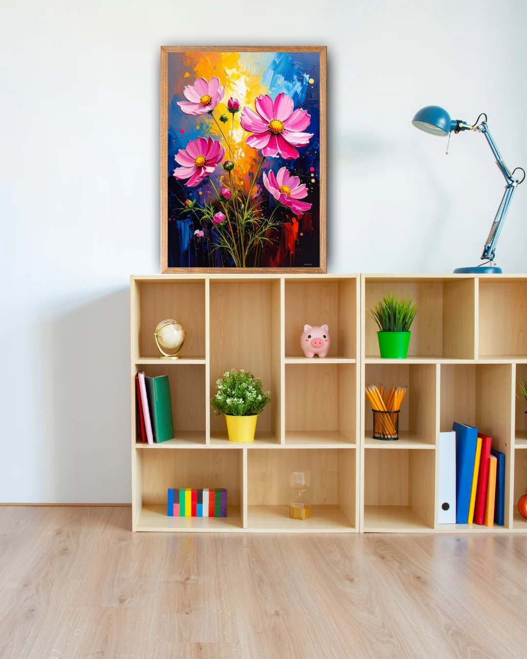 Colorful floral wall art canvas displayed above a wooden shelf in a modern study room