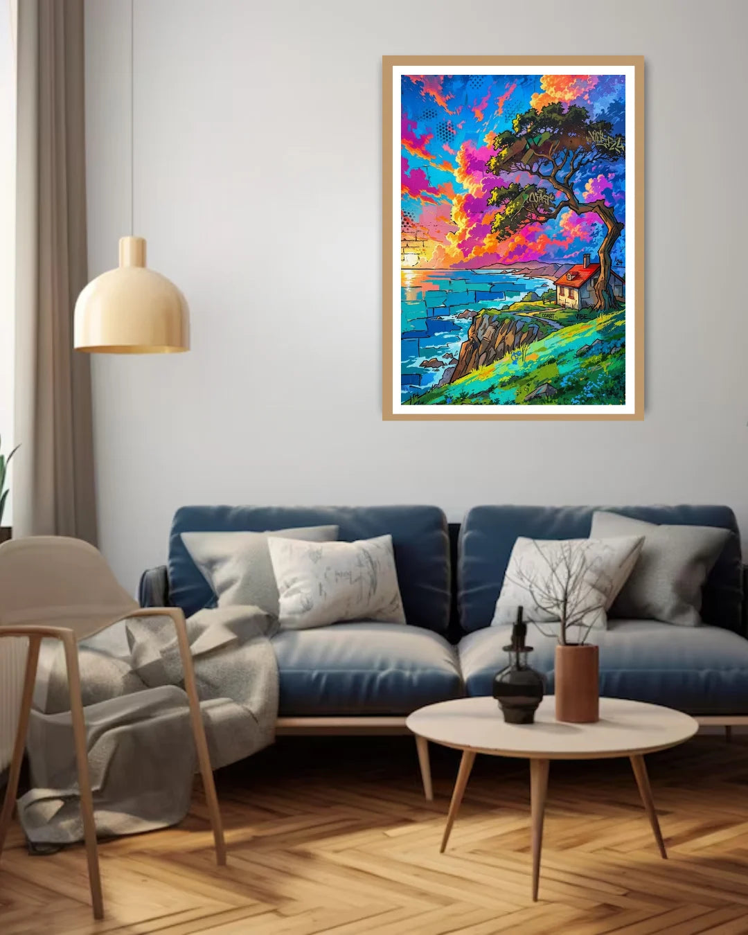 colorful abstract landscape wall art canvas displayed in modern living room