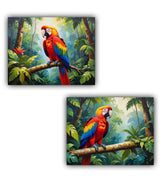 close-up of colorful parrot canvas painting with vibrant details
