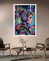 Colorful abstract art of a woman with headphones on a wall in a living room.