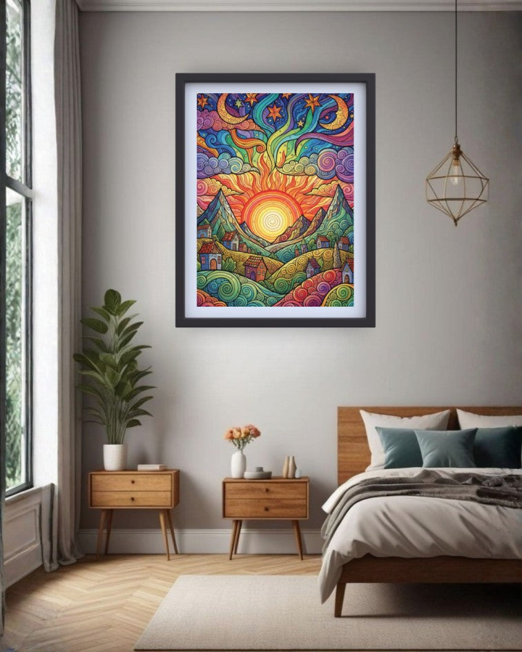 A colorful framed art print depicting a vibrant sun and swirling landscape, displayed on a light gray wall in a modern bedroom setting with a bed, wooden nightstands, and a potted plant.