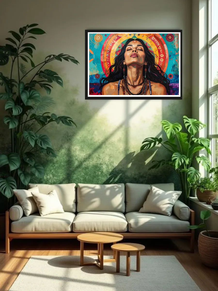 Living room with a colorful framed artwork of a woman on the wall, surrounded by plants and furniture.