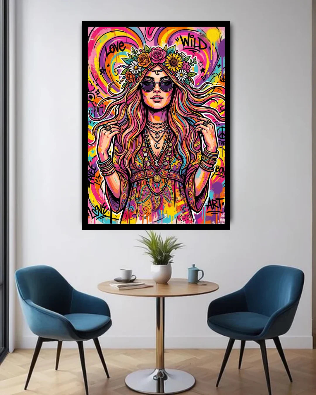 Colorful abstract art of a woman with long hair and sunglasses on a wall above a small table and chairs.