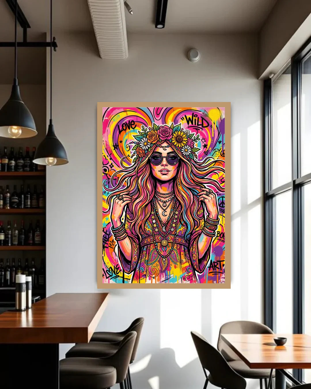 Colorful abstract art print of a woman with flowers in a modern dining room.